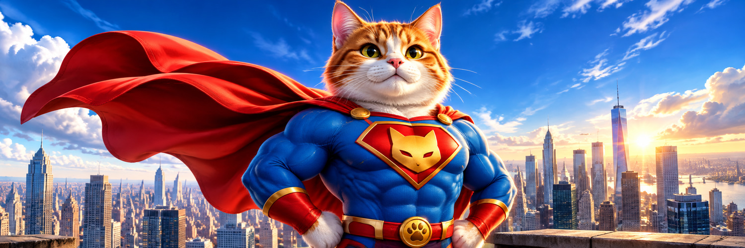 Super Cat standing over the skyline at sunset, cape in the wind