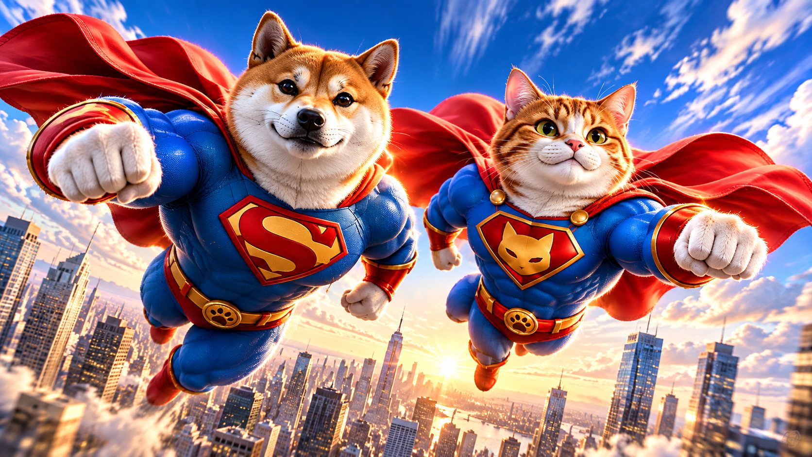 Super Cat and Super Inu flying over the city